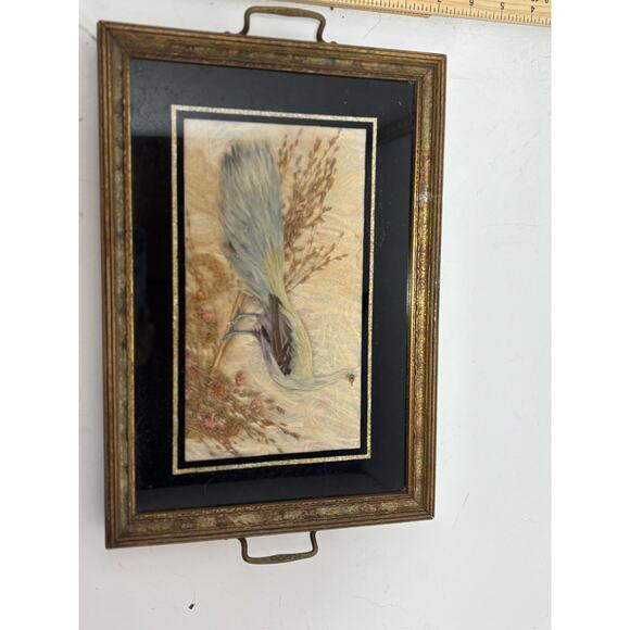Vintage Peacock Nature Print – Gold Bamboo Frame Double Matted Elegance Tray